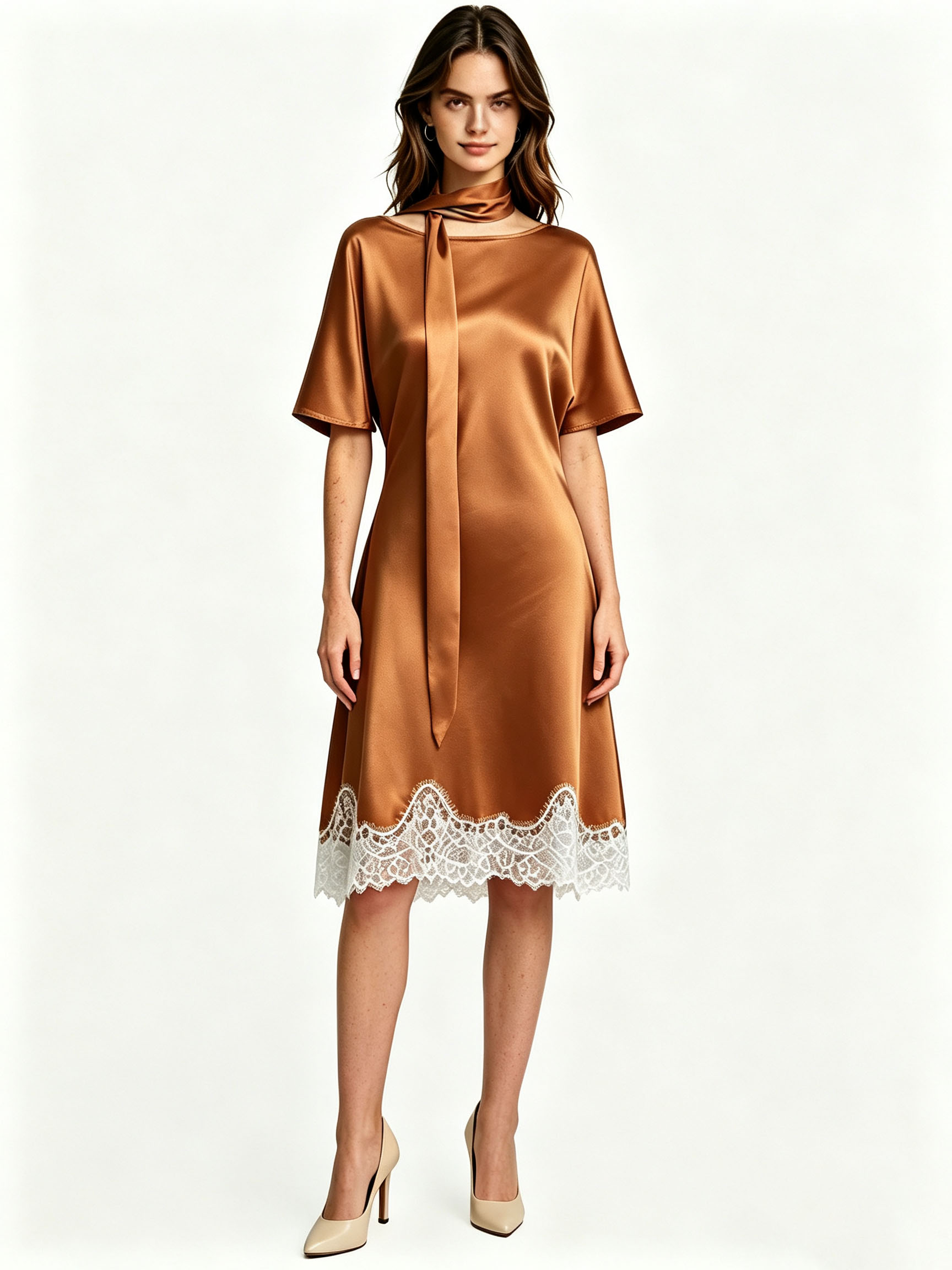 1 Satin midi dress with lace hem - Image 1
