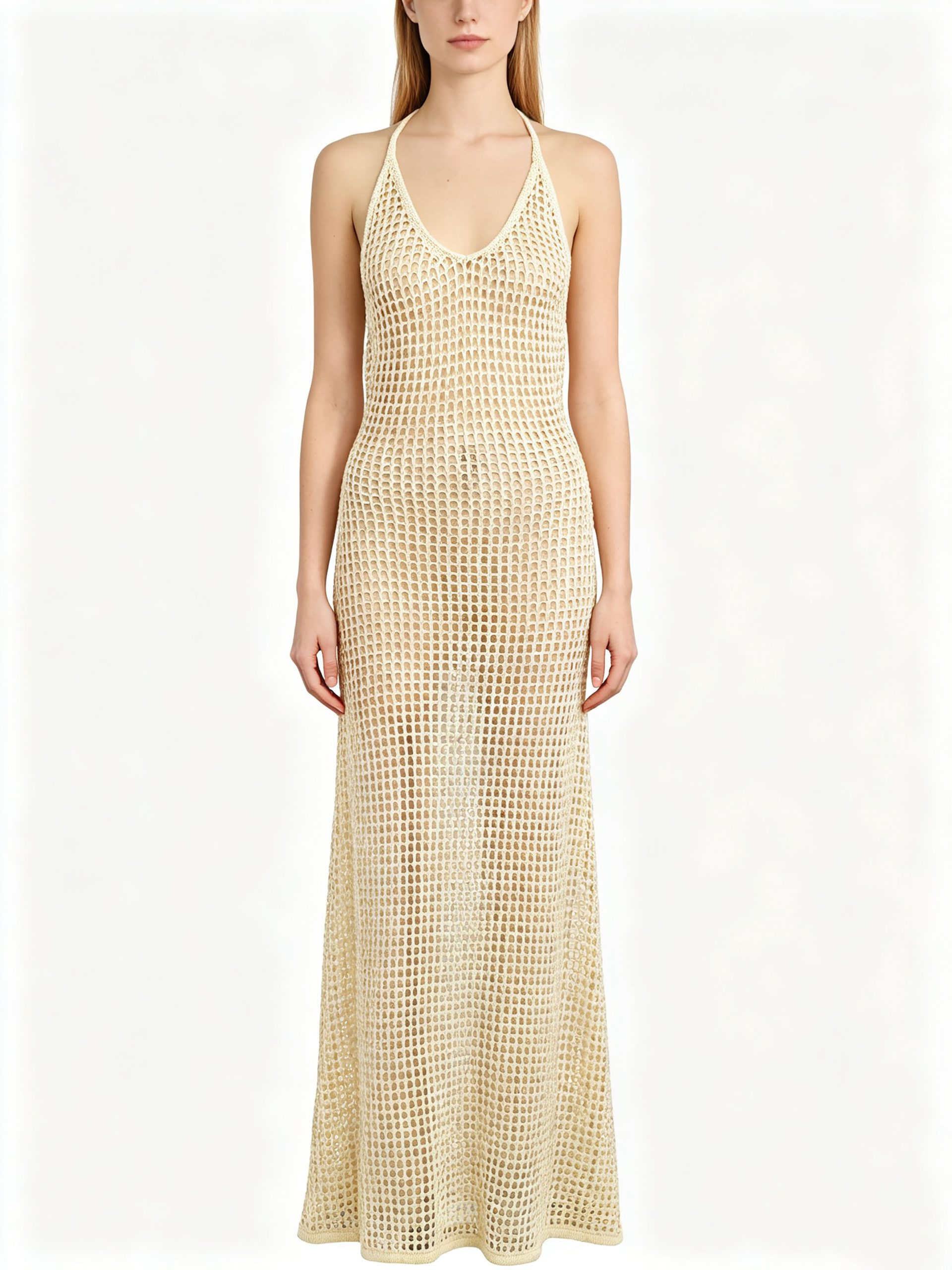 26015 (7) Crochet Halter Backless Maxi Dress - Image 1