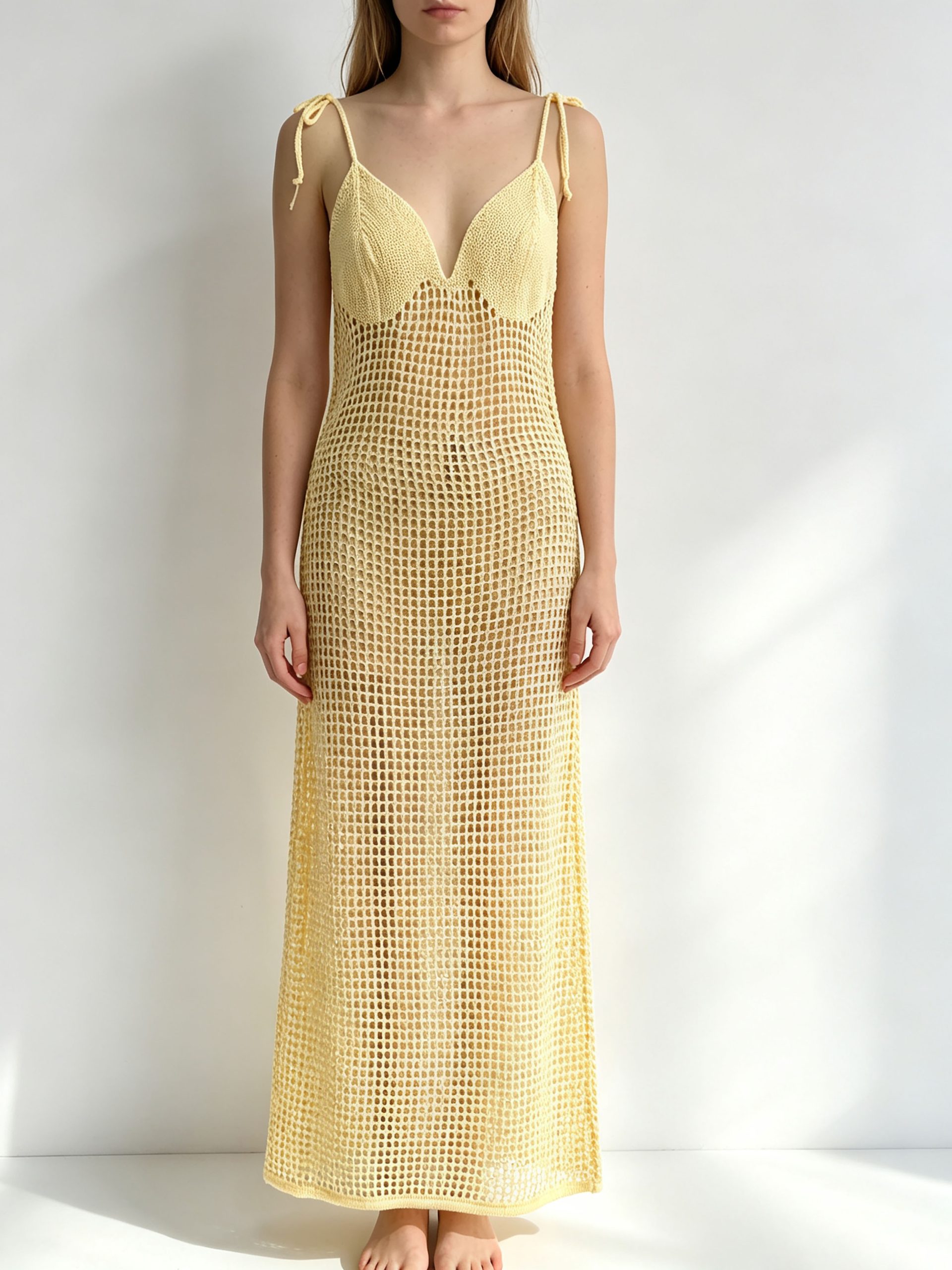26016 (7) V-Neck Crochet Mesh Low Back Tie Shoulder Maxi Dress - Image 1
